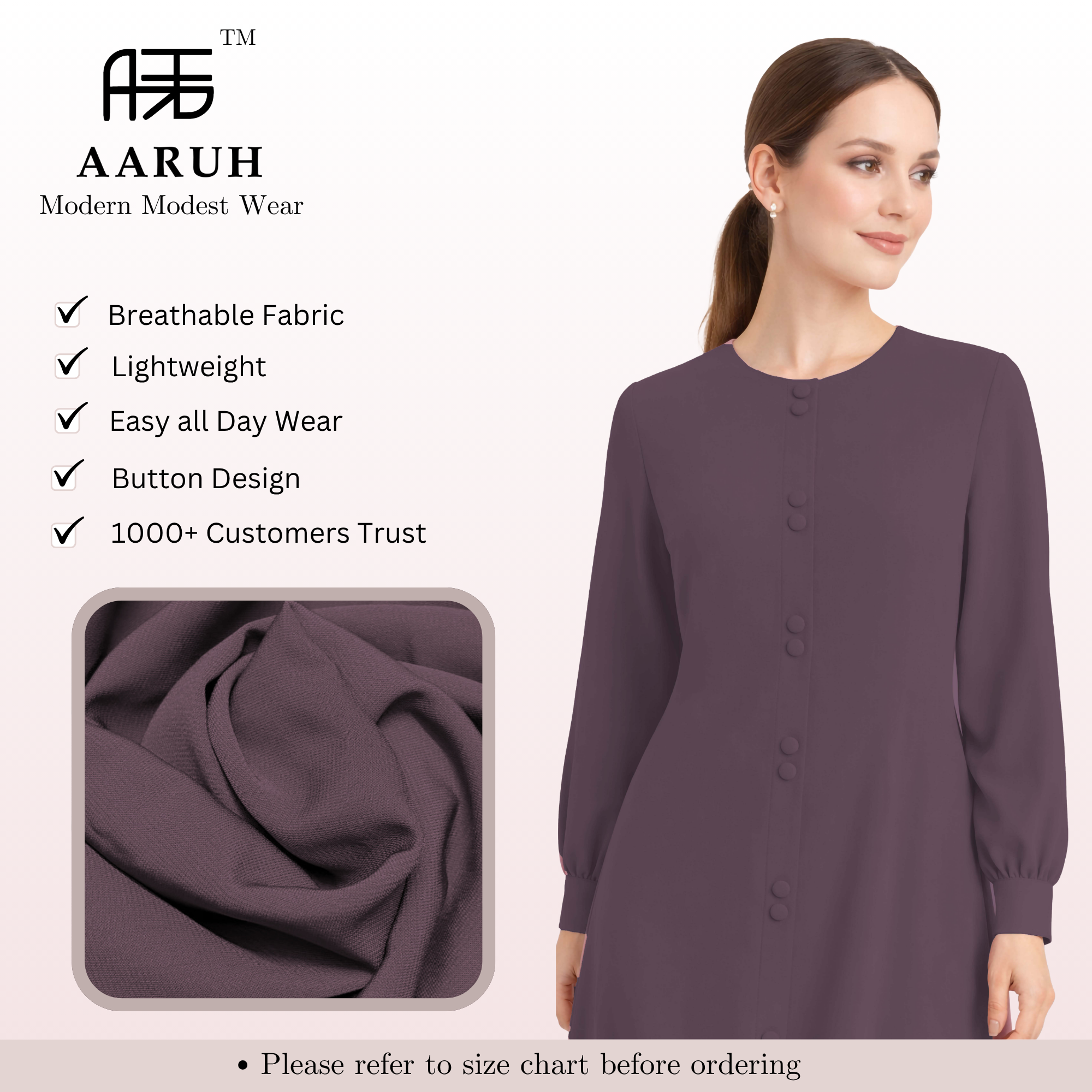LINA DARK PURPLE – Premium Dark Purple Button Front Abaya | Round Neck | Without Hijab | Free Size | AARUH