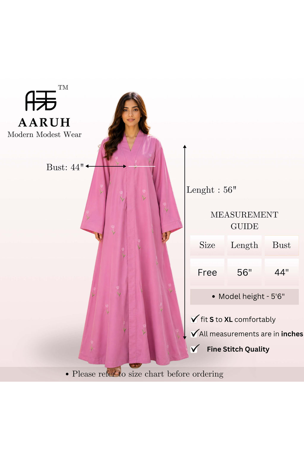 AARUH Pink Floral Embroidered Abaya for Women | Elegant Flared Full-Length Modest Dress | V-Neck womenWear