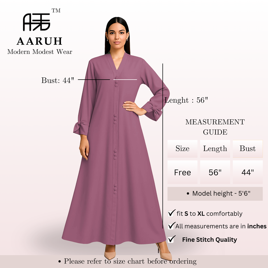 AARUH Mauve Purple Button-Front Flared Abaya with V-Neck & Tie-Cuff Sleeves
