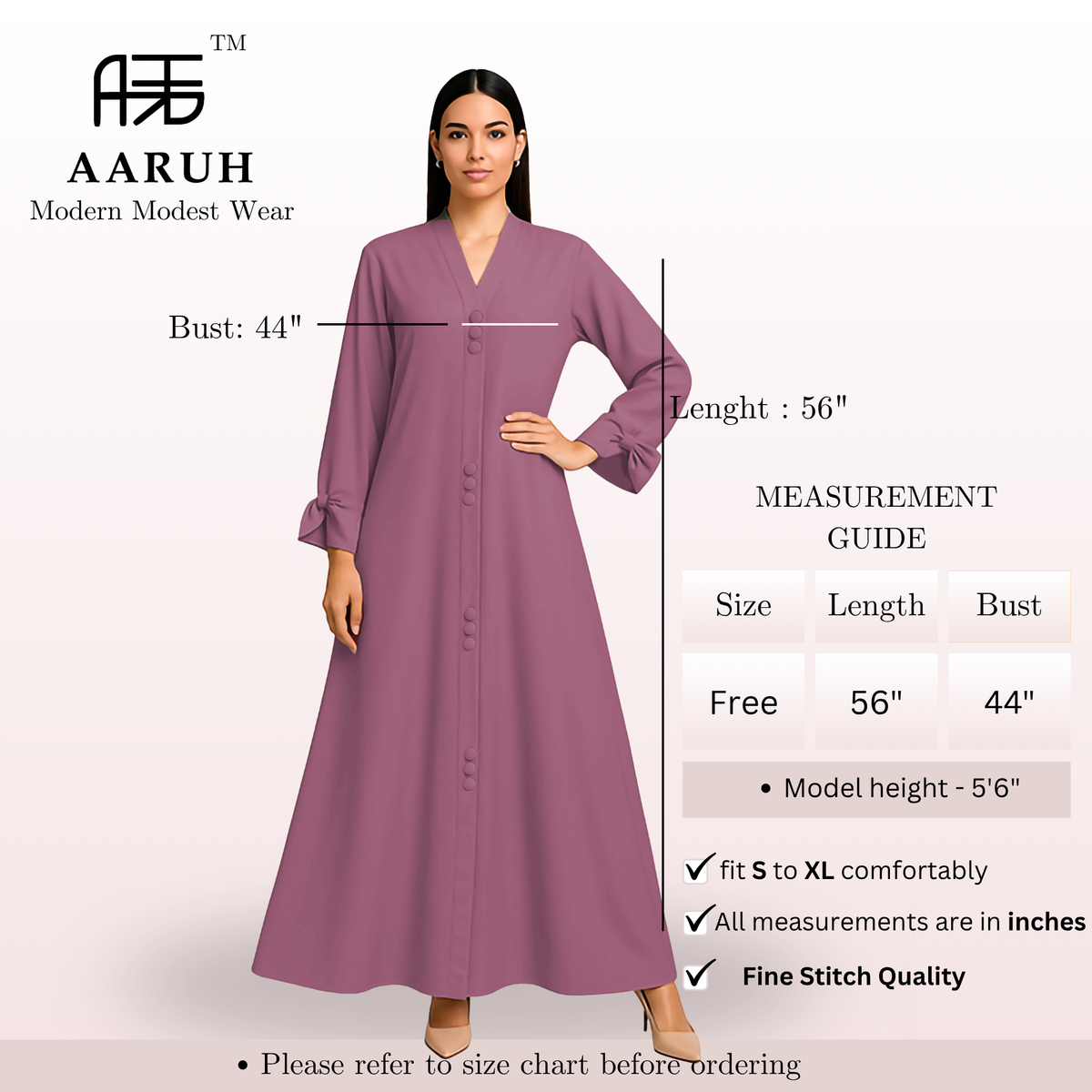 AARUH Mauve Purple Button-Front Flared Abaya with V-Neck & Tie-Cuff Sleeves