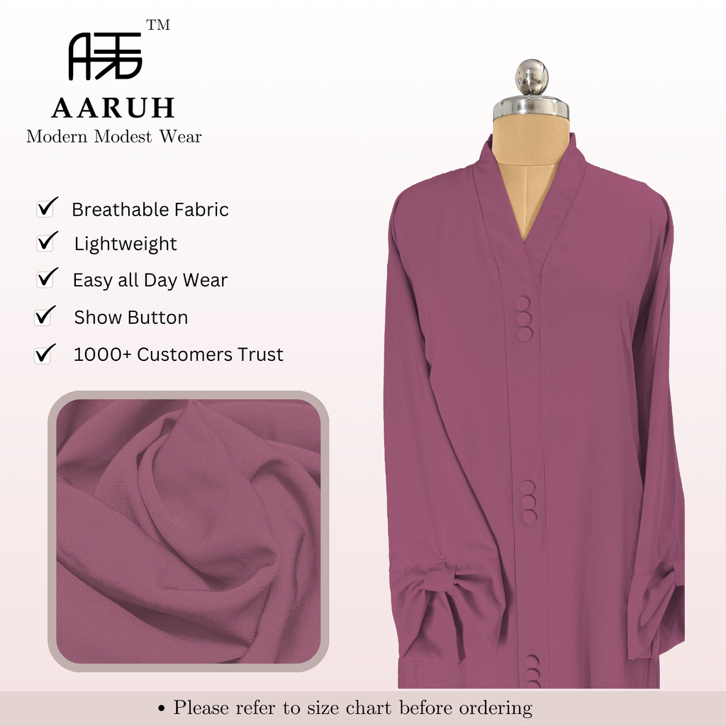 AARUH Mauve Purple Button-Front Flared Abaya with V-Neck & Tie-Cuff Sleeves