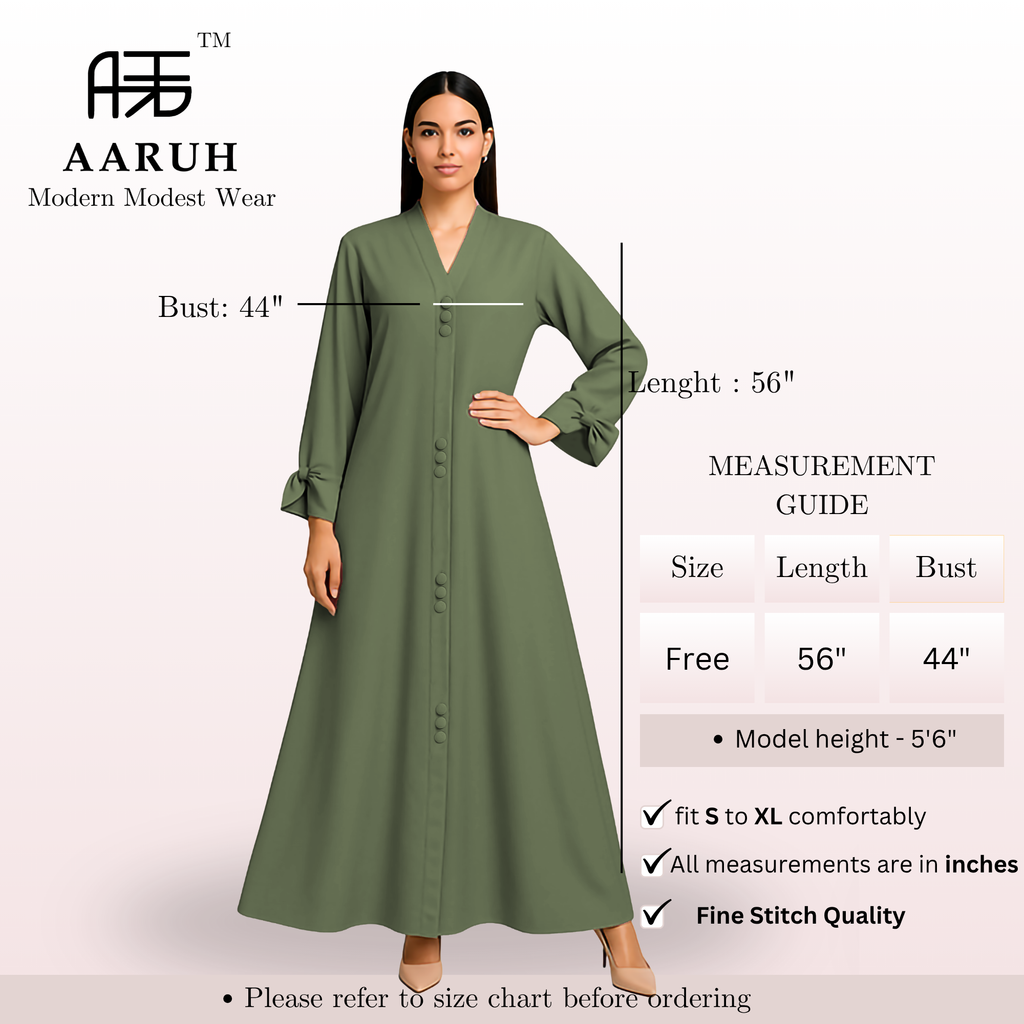 AARUH Olive Green Button-Front Flared Abaya with V-Neck & Tie-Cuff Sleeves
