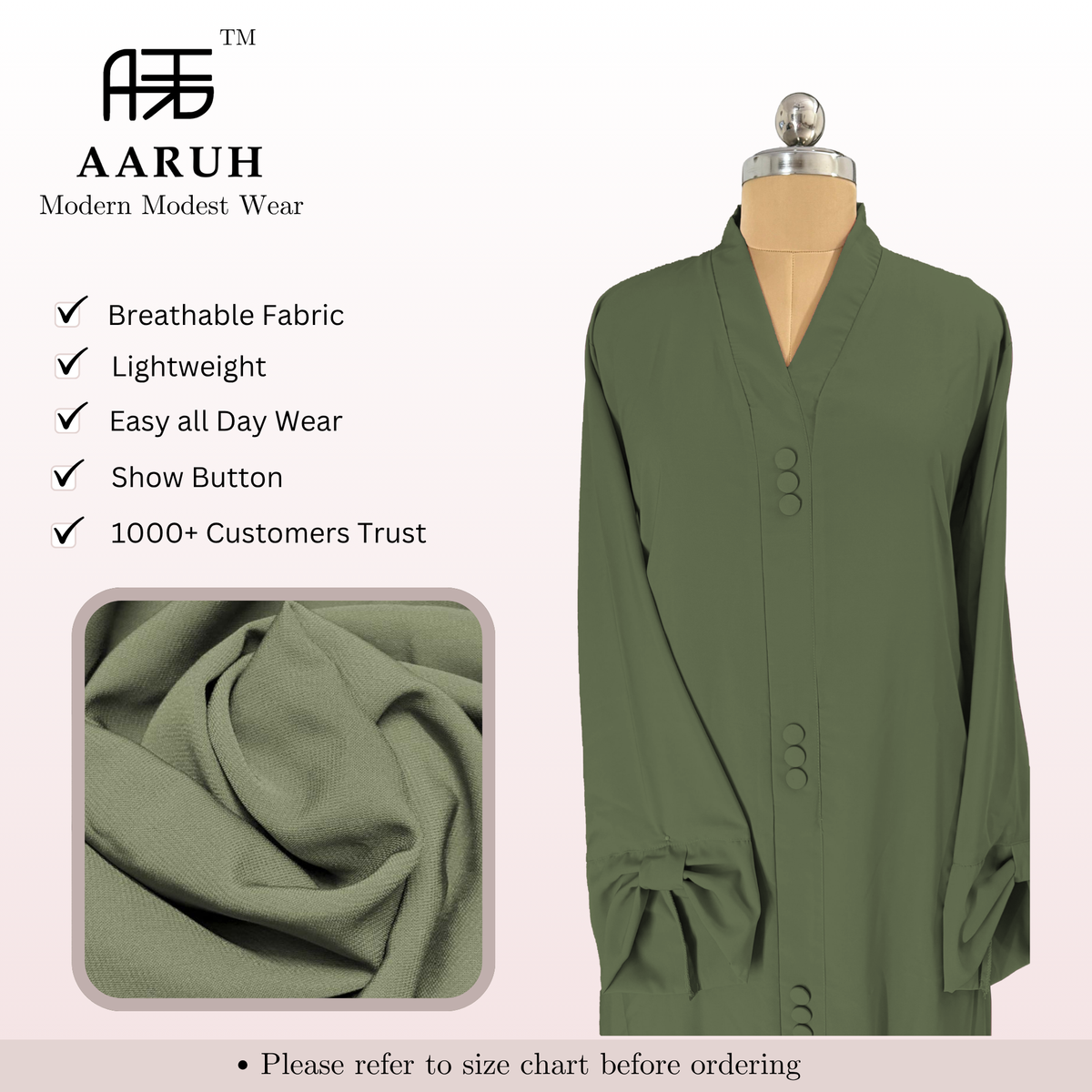 AARUH Olive Green Button-Front Flared Abaya with V-Neck & Tie-Cuff Sleeves