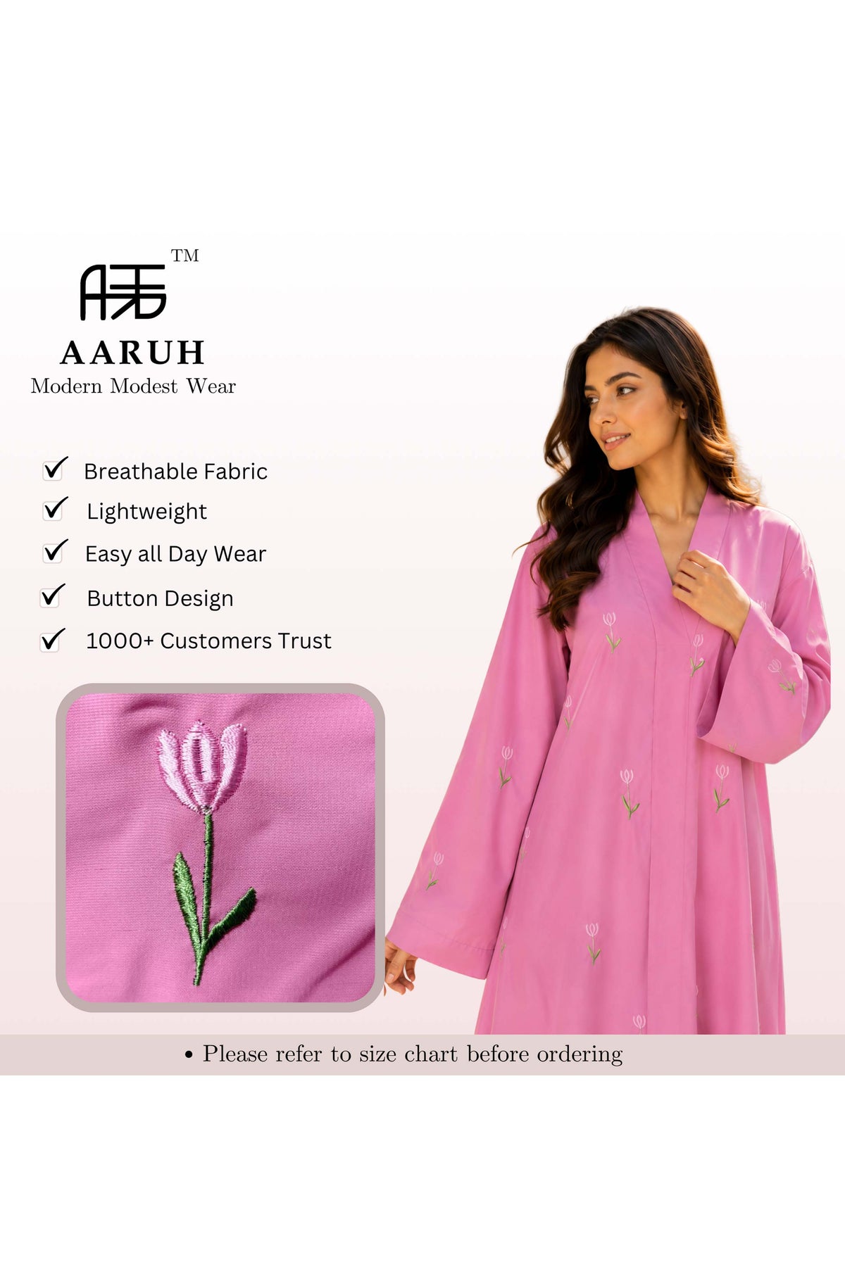 AARUH Pink Floral Embroidered Abaya for Women | Elegant Flared Full-Length Modest Dress | V-Neck womenWear