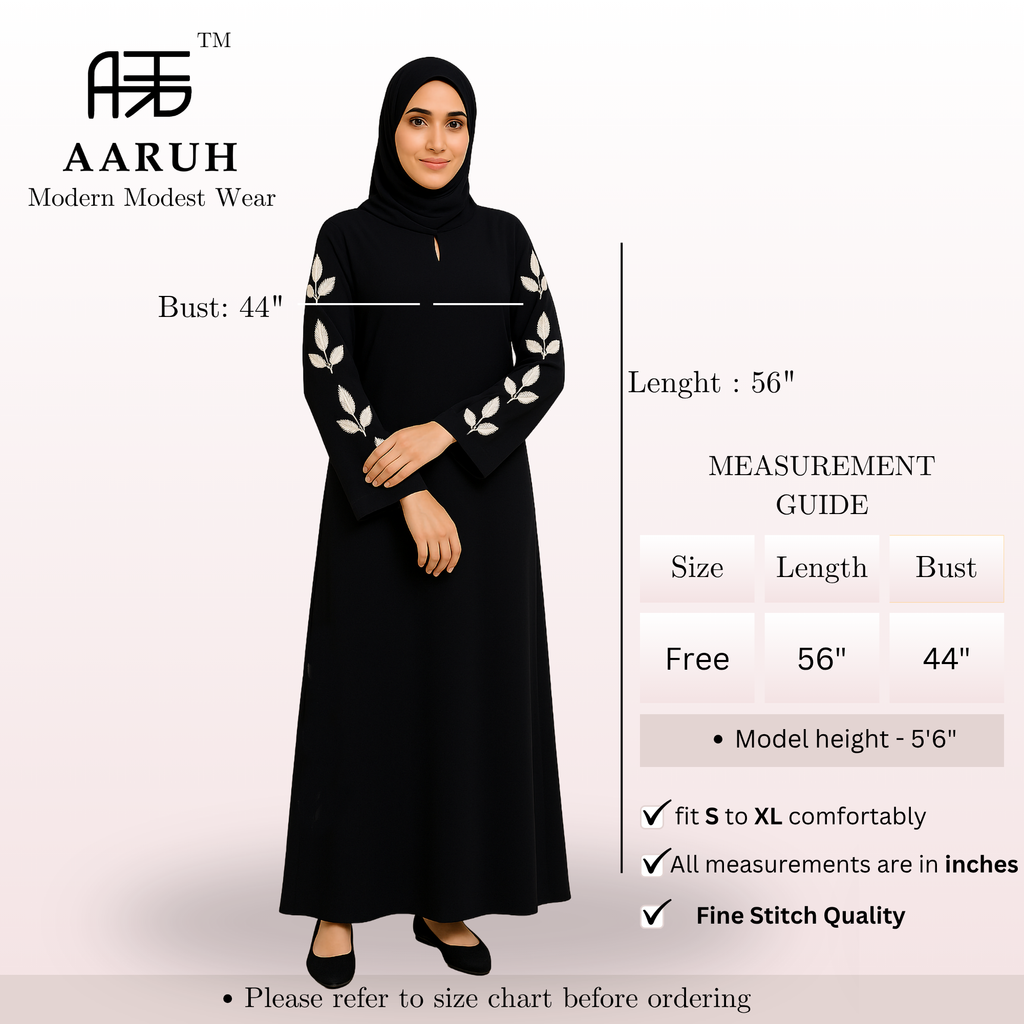 NYSA – Premium Black Leaf Embroidered Abaya with Hijab | Free Size | AARUH