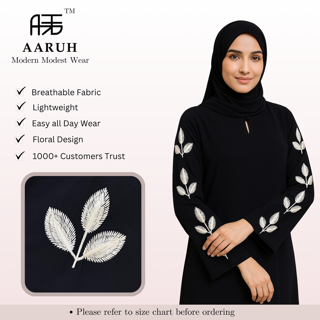 NYSA – Premium Black Leaf Embroidered Abaya with Hijab | Free Size | AARUH