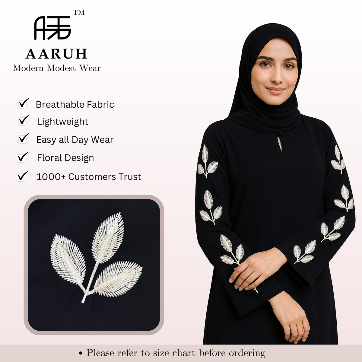 NYSA – Premium Black Leaf Embroidered Abaya with Hijab | Free Size | AARUH