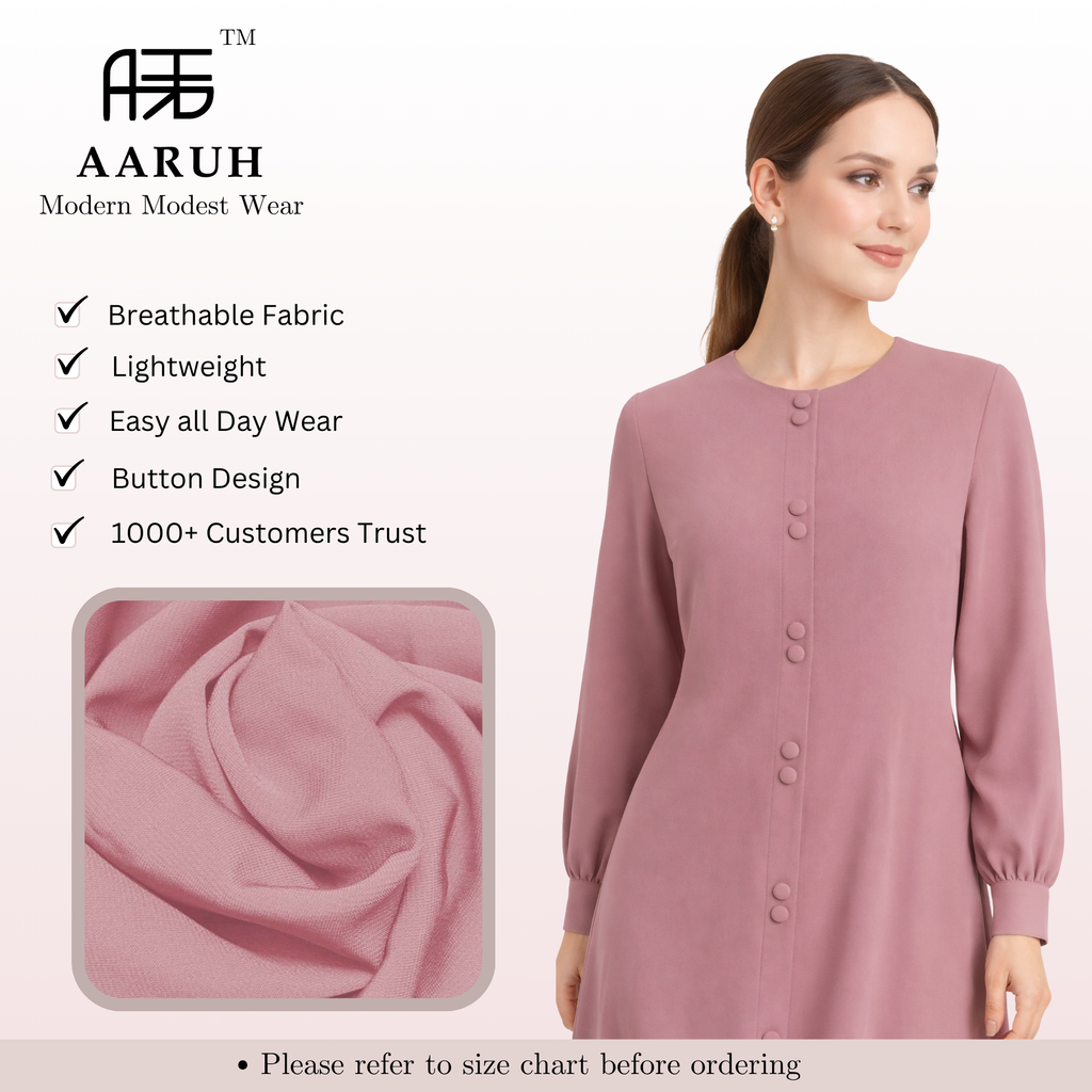 LINA BABY PINK – Premium Baby Pink Button Front Abaya | Round Neck | Without Hijab | Free Size | AARUH