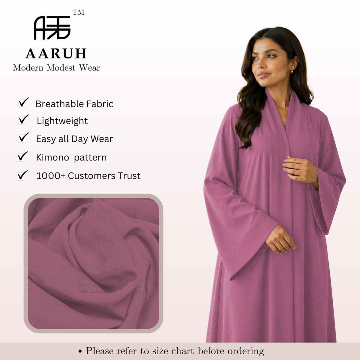 KIMONO PINK – Premium Pink Kimono Style Abaya | V Neck | Without Hijab | Free Size | AARUH