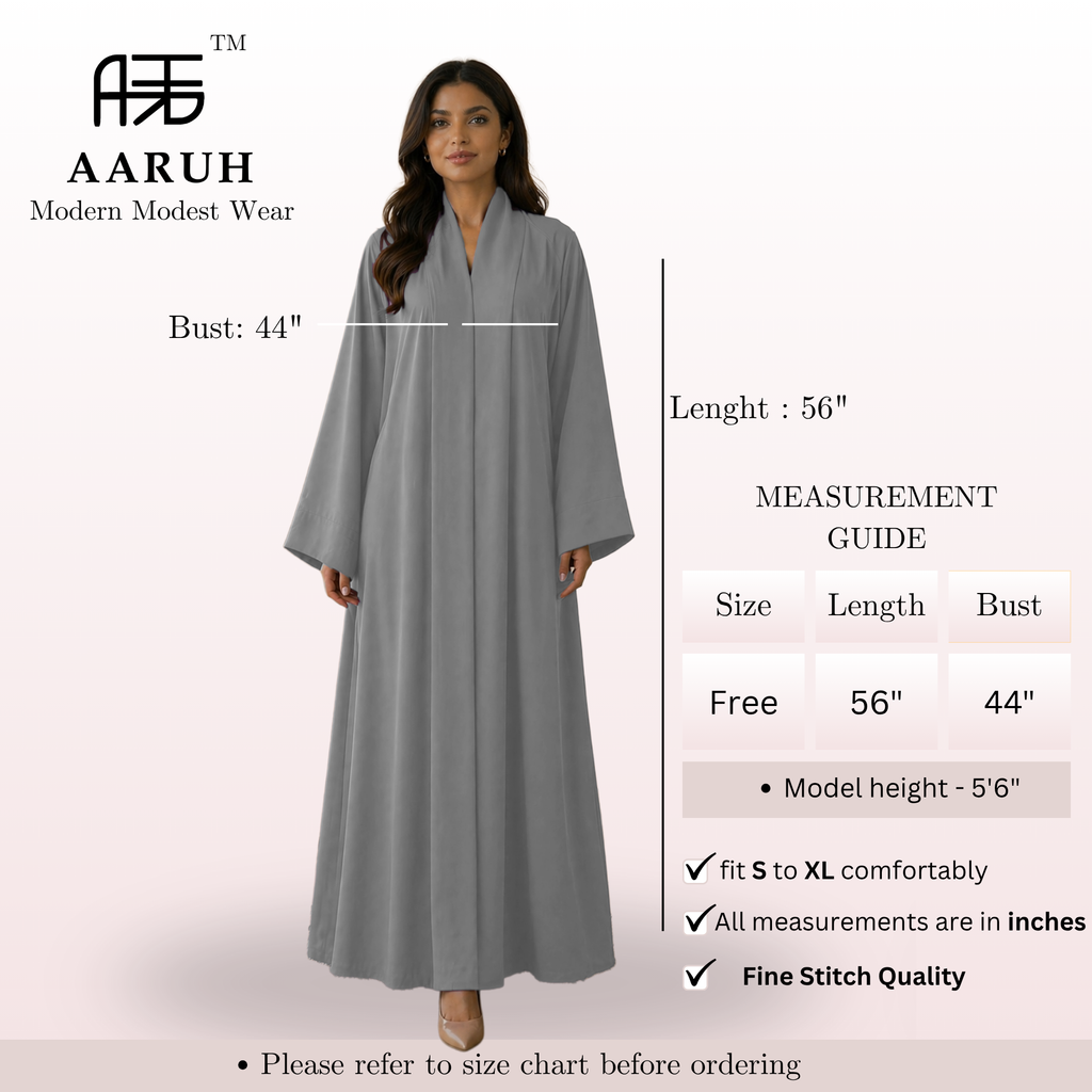 KIMONO STEEL GREY – Premium Steel Grey Kimono Style Abaya | V Neck | Without Hijab | Free Size | AARUH