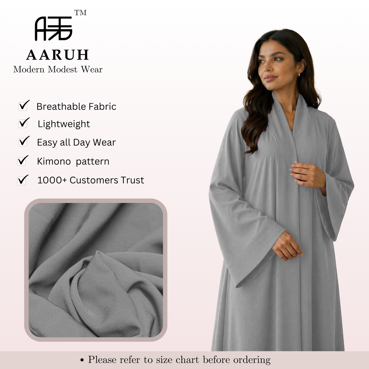 KIMONO STEEL GREY – Premium Steel Grey Kimono Style Abaya | V Neck | Without Hijab | Free Size | AARUH