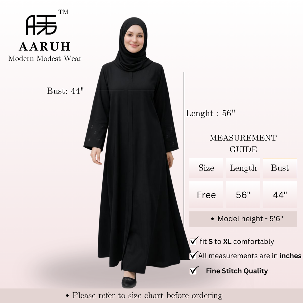 BLOOM BLACK – Premium Black Floral Embroidered Abaya with Hijab | Free Size | AARUH