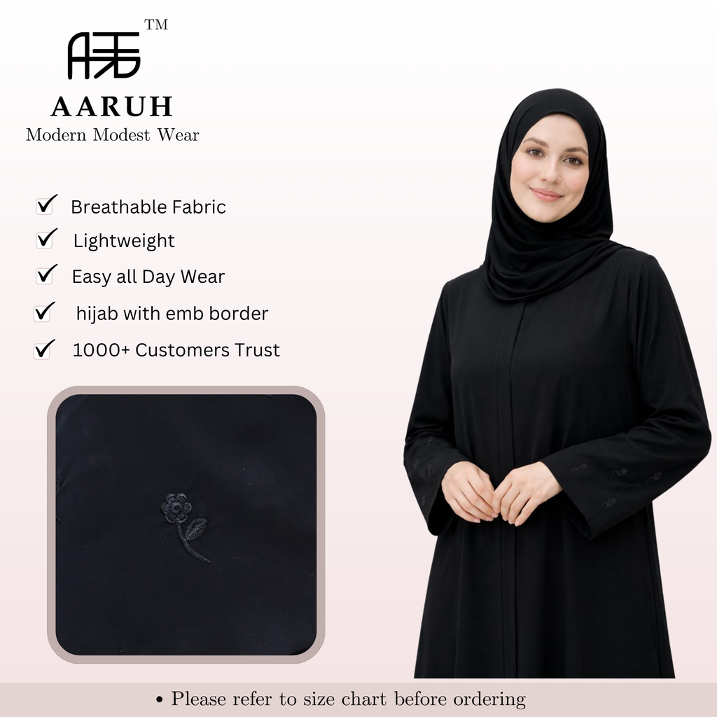 BLOOM BLACK – Premium Black Floral Embroidered Abaya with Hijab | Free Size | AARUH