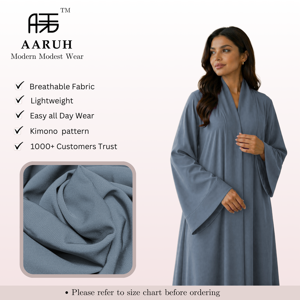 KIMONO GREY – Premium Grey Kimono Style Abaya | V Neck | Without Hijab | Free Size | AARUH