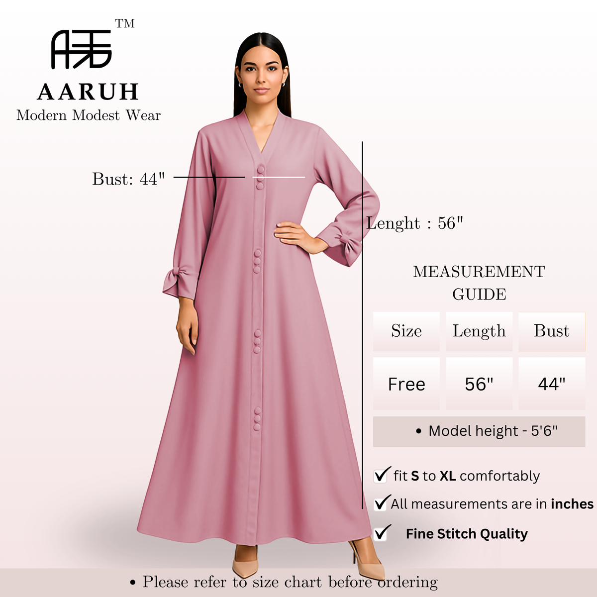 AARUH Baby Pink Button-Front Flared Abaya with V-Neck & Statement Sleeves