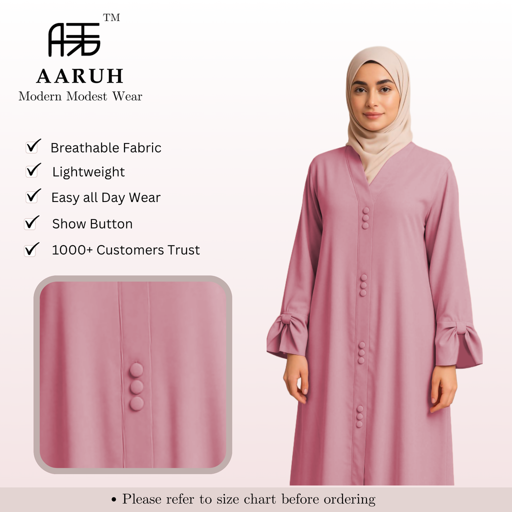 AARUH Baby Pink Button-Front Flared Abaya with V-Neck & Statement Sleeves