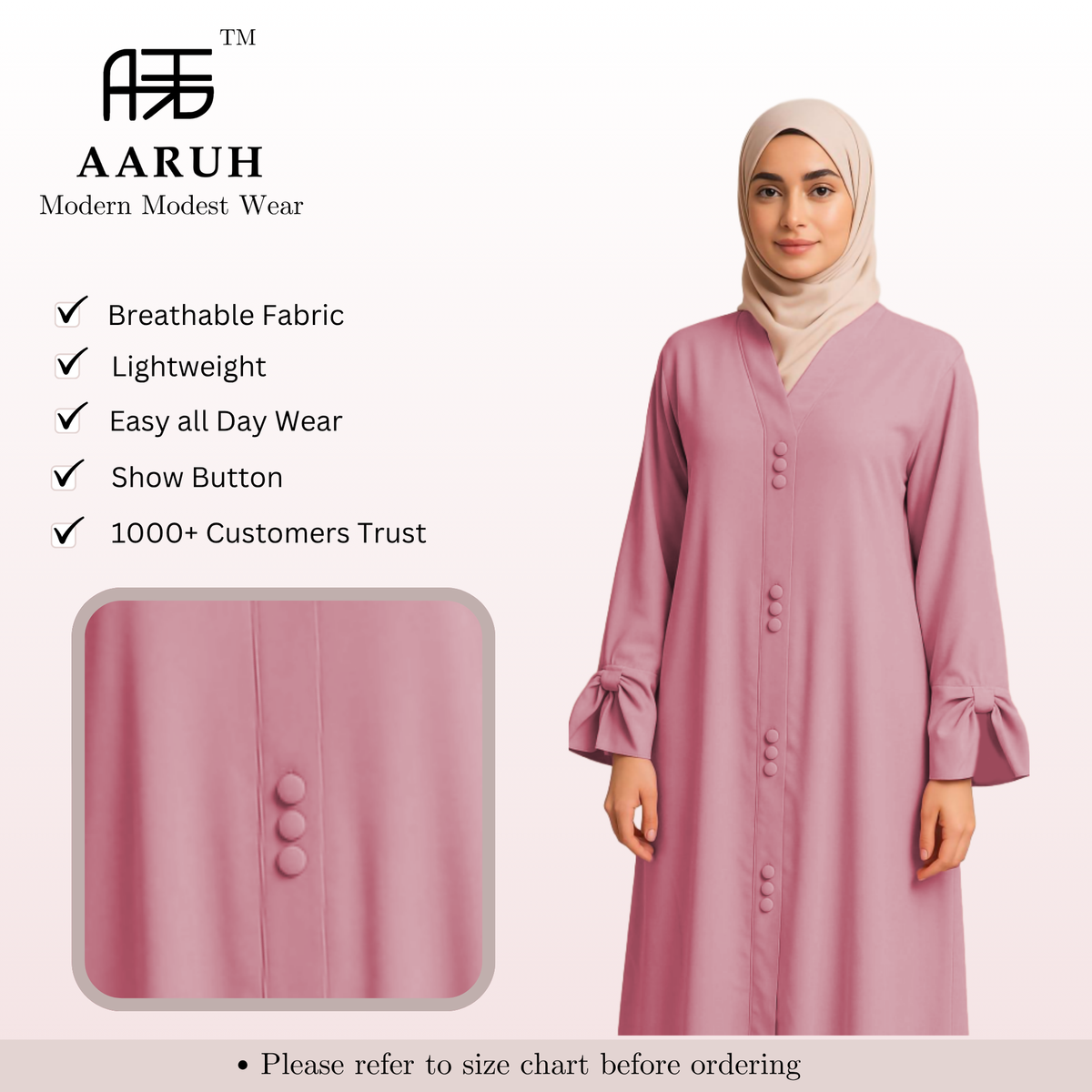 AARUH Baby Pink Button-Front Flared Abaya with V-Neck & Statement Sleeves