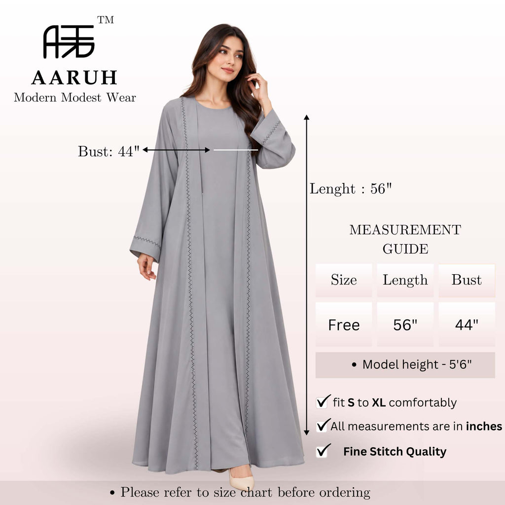 AARUH Grey Stone Work Abaya for Women | Elegant Full-Length Flared Abaya | Premium Front & Sleeve Stone Detailing