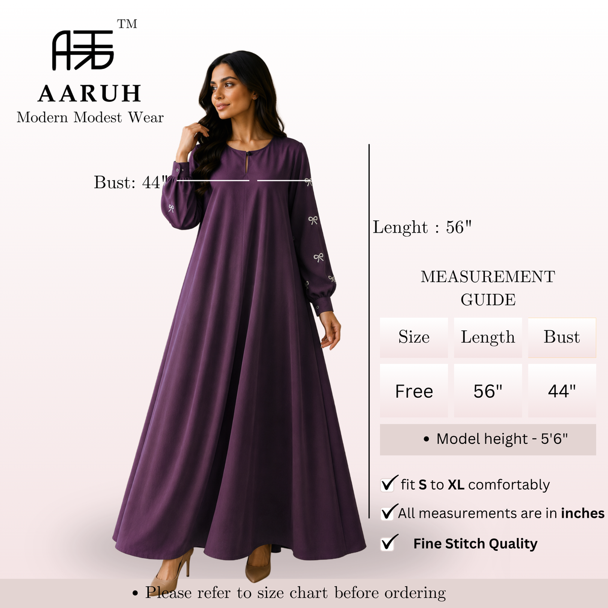 AARUH Elegant Bow Embroidered A-Line Maxi Dress | Full Sleeve Modest Dress