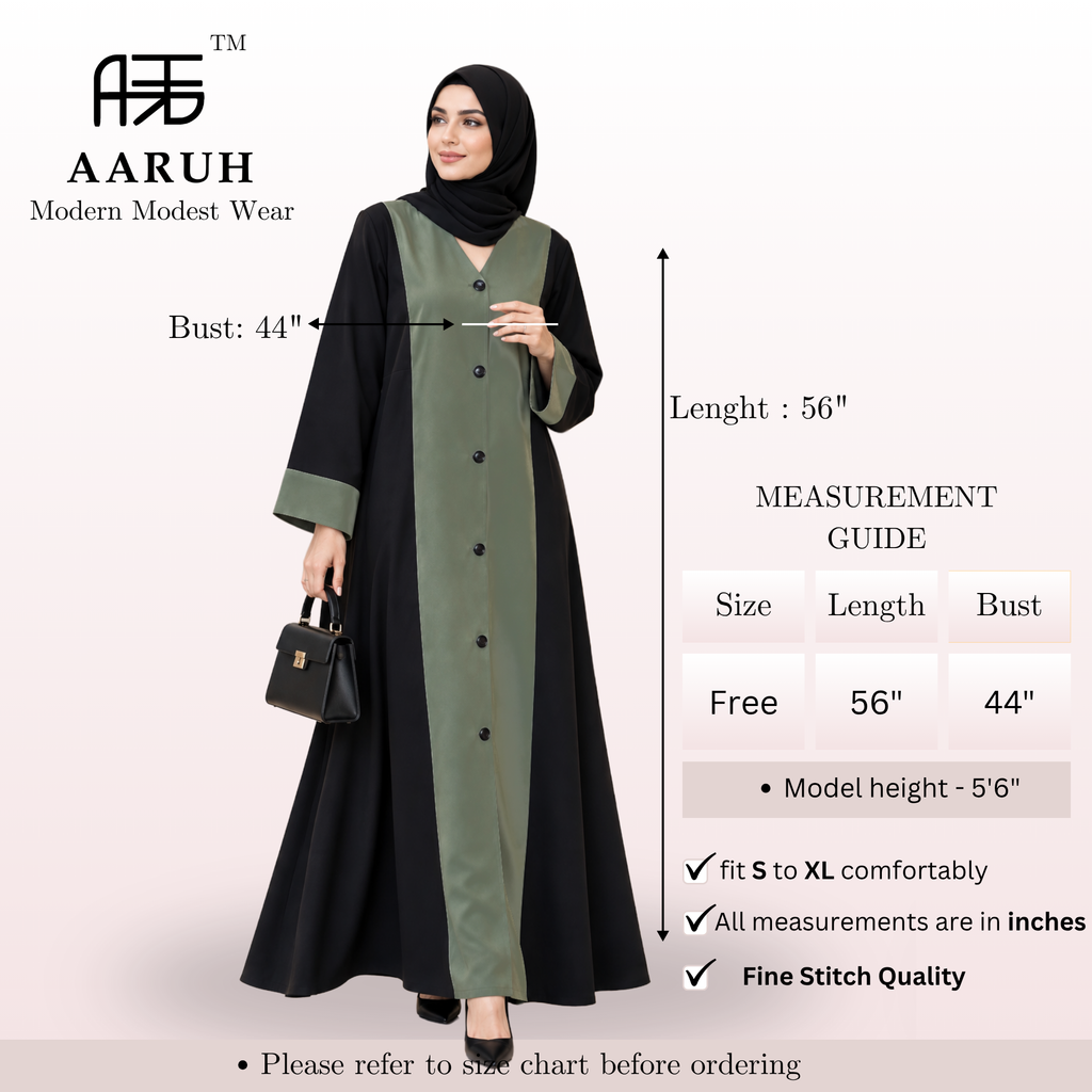 AARUH Black & Olive Green Front Panel Button-Detail Flared Abaya with Hijab