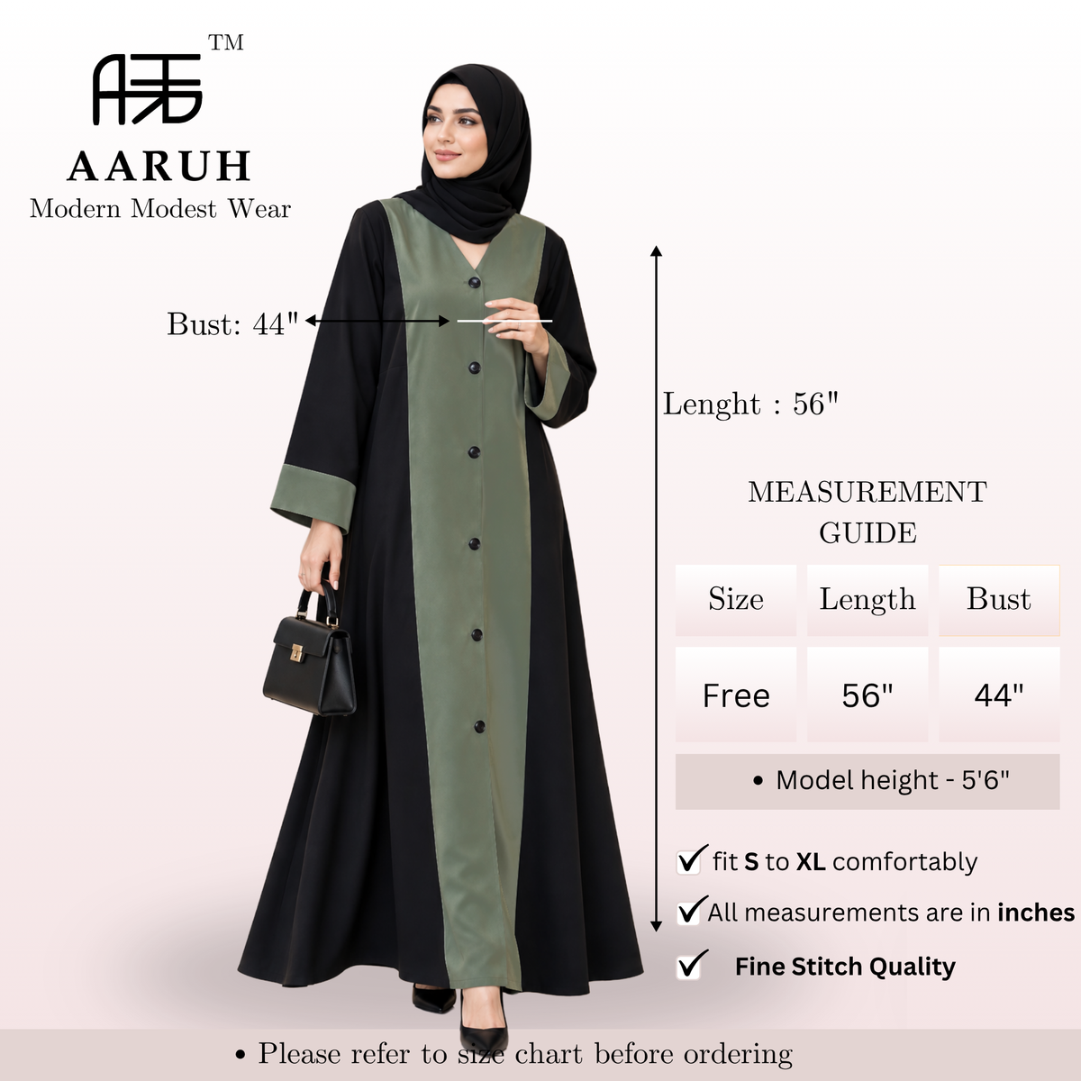 AARUH Black & Olive Green Front Panel Button-Detail Flared Abaya with Hijab