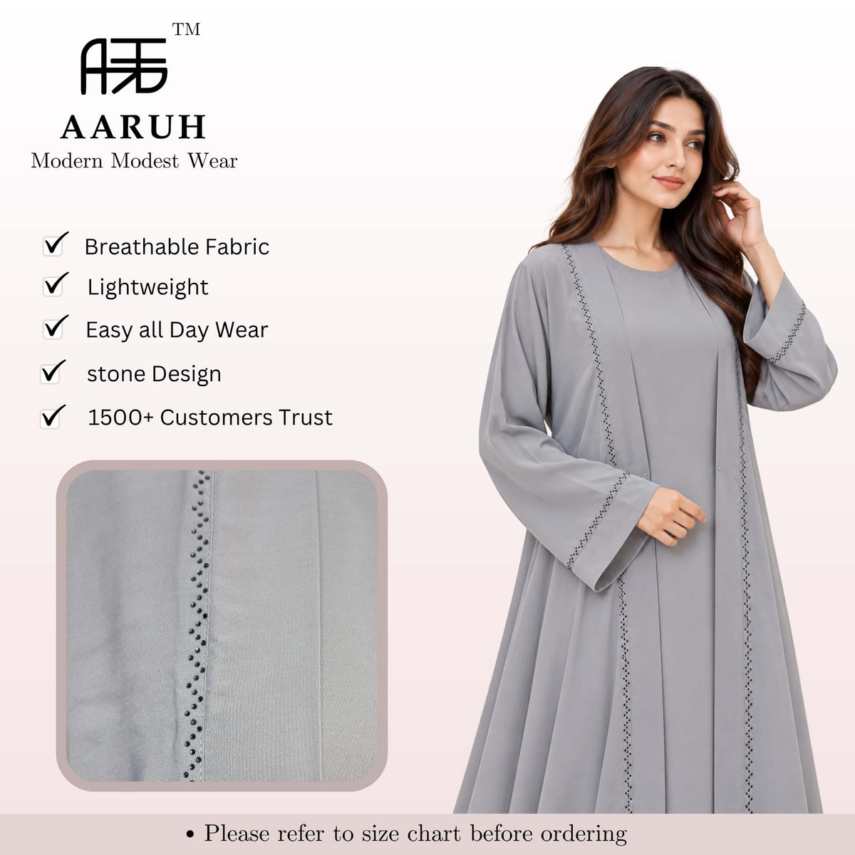 AARUH Grey Stone Work Abaya for Women | Elegant Full-Length Flared Abaya | Premium Front & Sleeve Stone Detailing