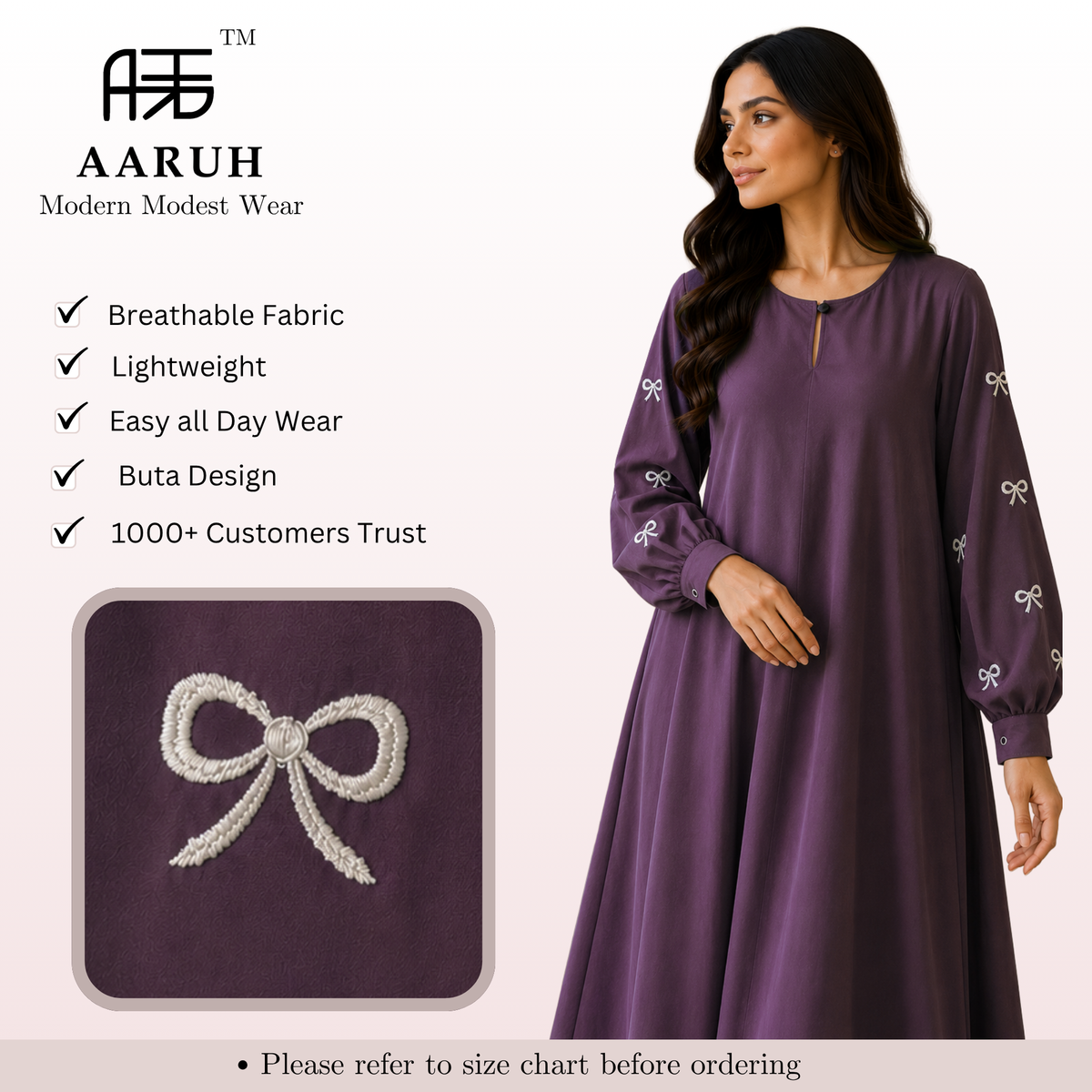 AARUH Elegant Bow Embroidered A-Line Maxi Dress | Full Sleeve Modest Dress