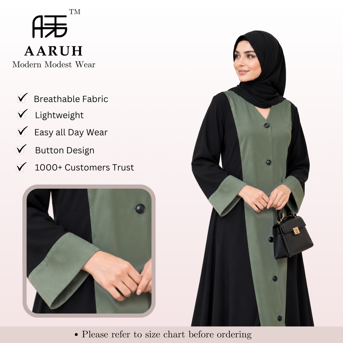 AARUH Black & Olive Green Front Panel Button-Detail Flared Abaya with Hijab