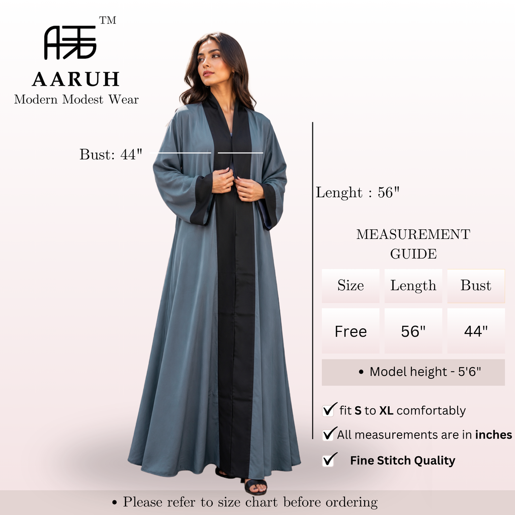 Blue Grey Contrast Open Abaya Elegant Two-Tone Modest Wear | AARUH Fashion & Fabrics