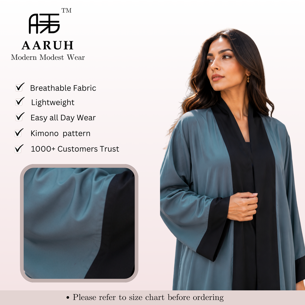 Blue Grey Contrast Open Abaya Elegant Two-Tone Modest Wear | AARUH Fashion & Fabrics