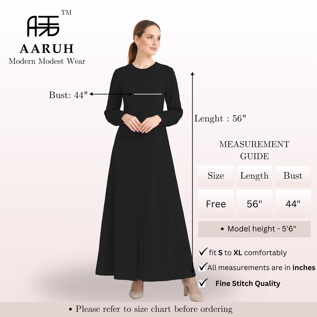 LINA BLACK – Premium Black Button Front Abaya | Round Neck | Without Hijab | Free Size | AARUH