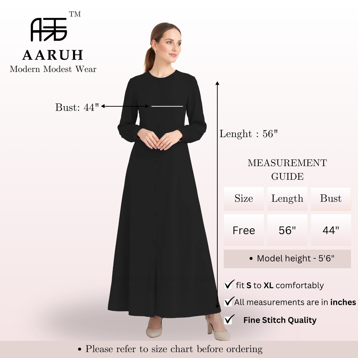 LINA BLACK – Premium Black Button Front Abaya | Round Neck | Without Hijab | Free Size | AARUH