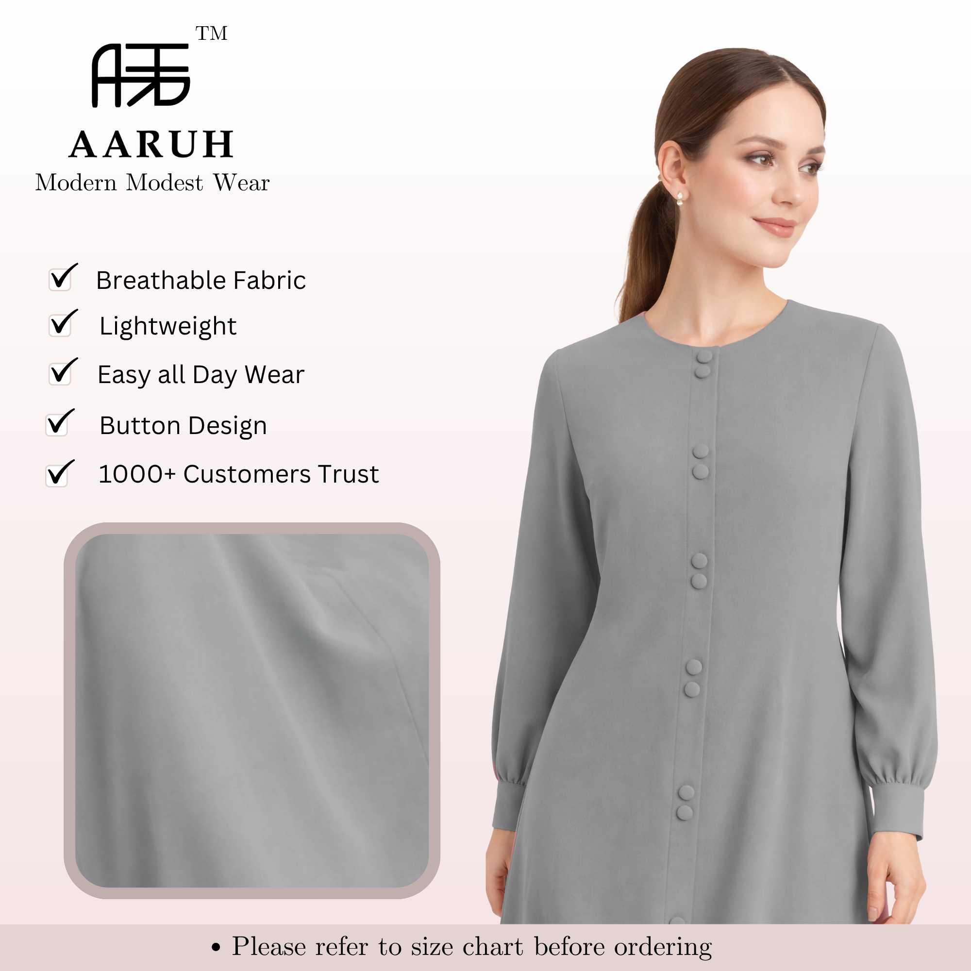 LINA STEEL GREY – Premium Steel Grey Button Front Abaya | Round Neck | Without Hijab | Free Size | AARUH