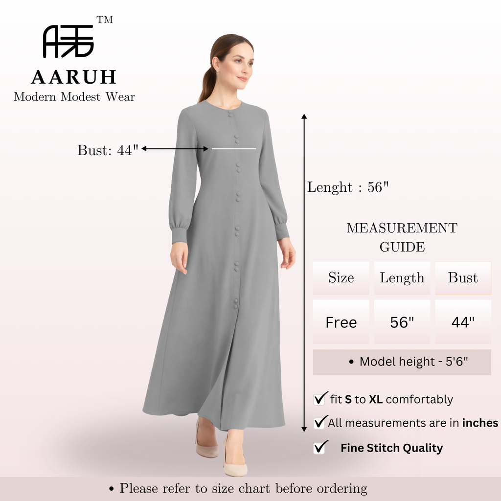 LINA STEEL GREY – Premium Steel Grey Button Front Abaya | Round Neck | Without Hijab | Free Size | AARUH