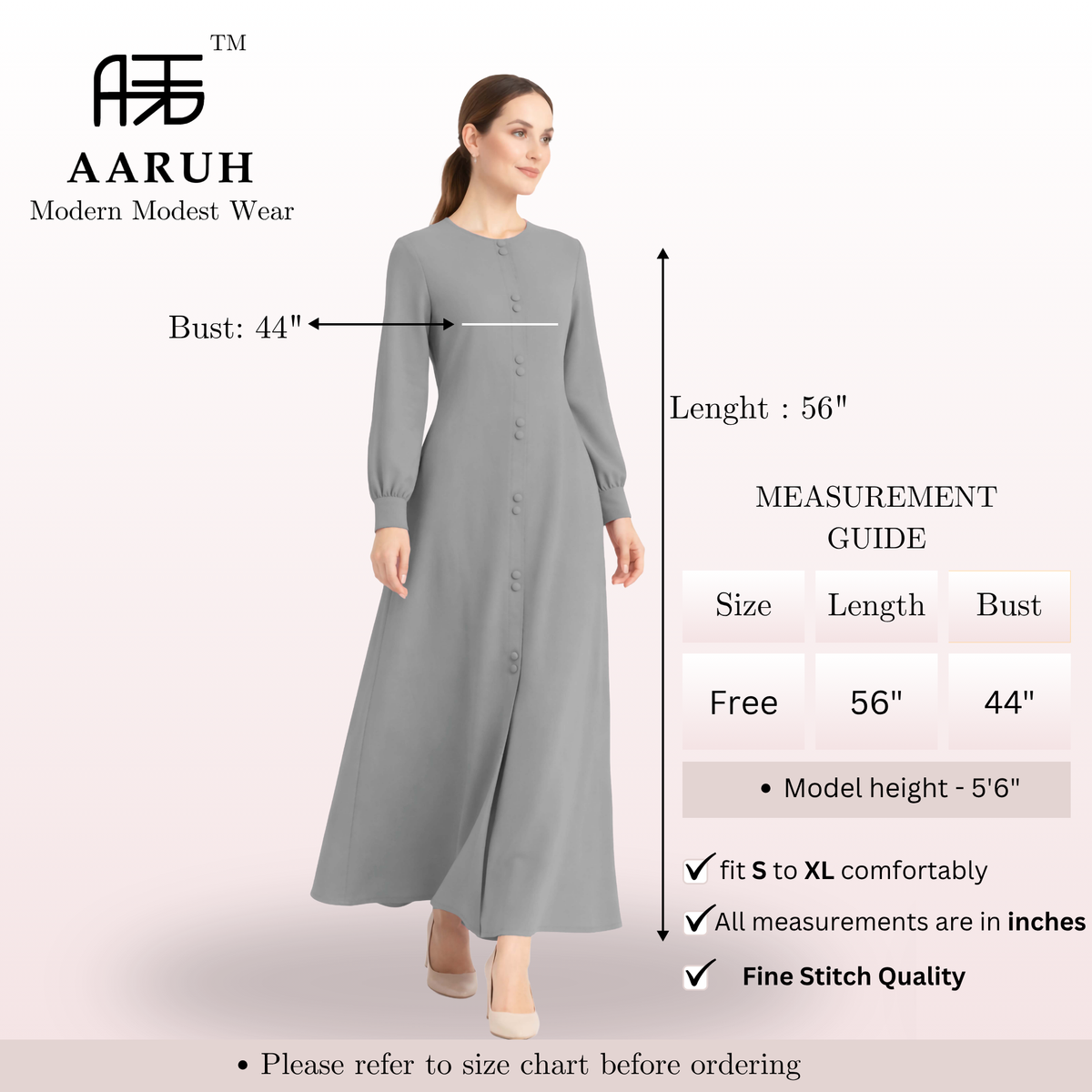 LINA STEEL GREY – Premium Steel Grey Button Front Abaya | Round Neck | Without Hijab | Free Size | AARUH