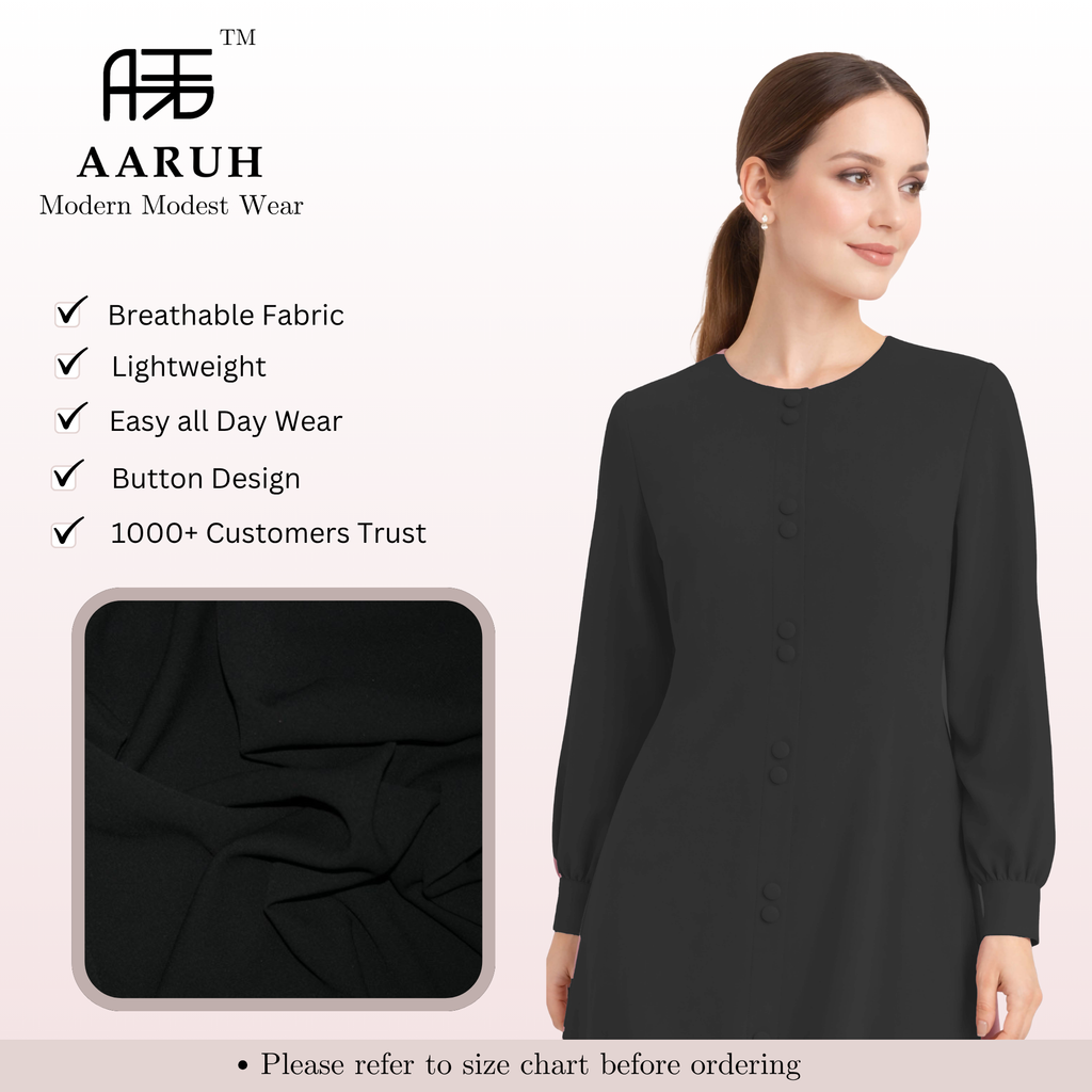 LINA BLACK – Premium Black Button Front Abaya | Round Neck | Without Hijab | Free Size | AARUH