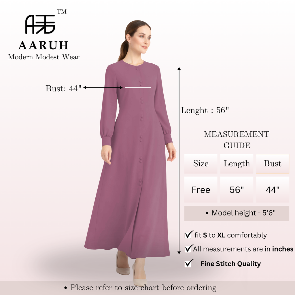 LINA PINK – Premium Pink Button Front Abaya | Round Neck | Without Hijab | Free Size | AARUH