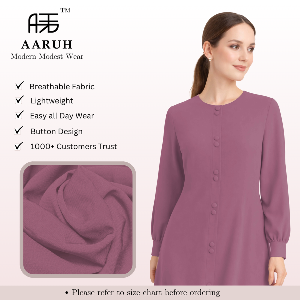 LINA PINK – Premium Pink Button Front Abaya | Round Neck | Without Hijab | Free Size | AARUH