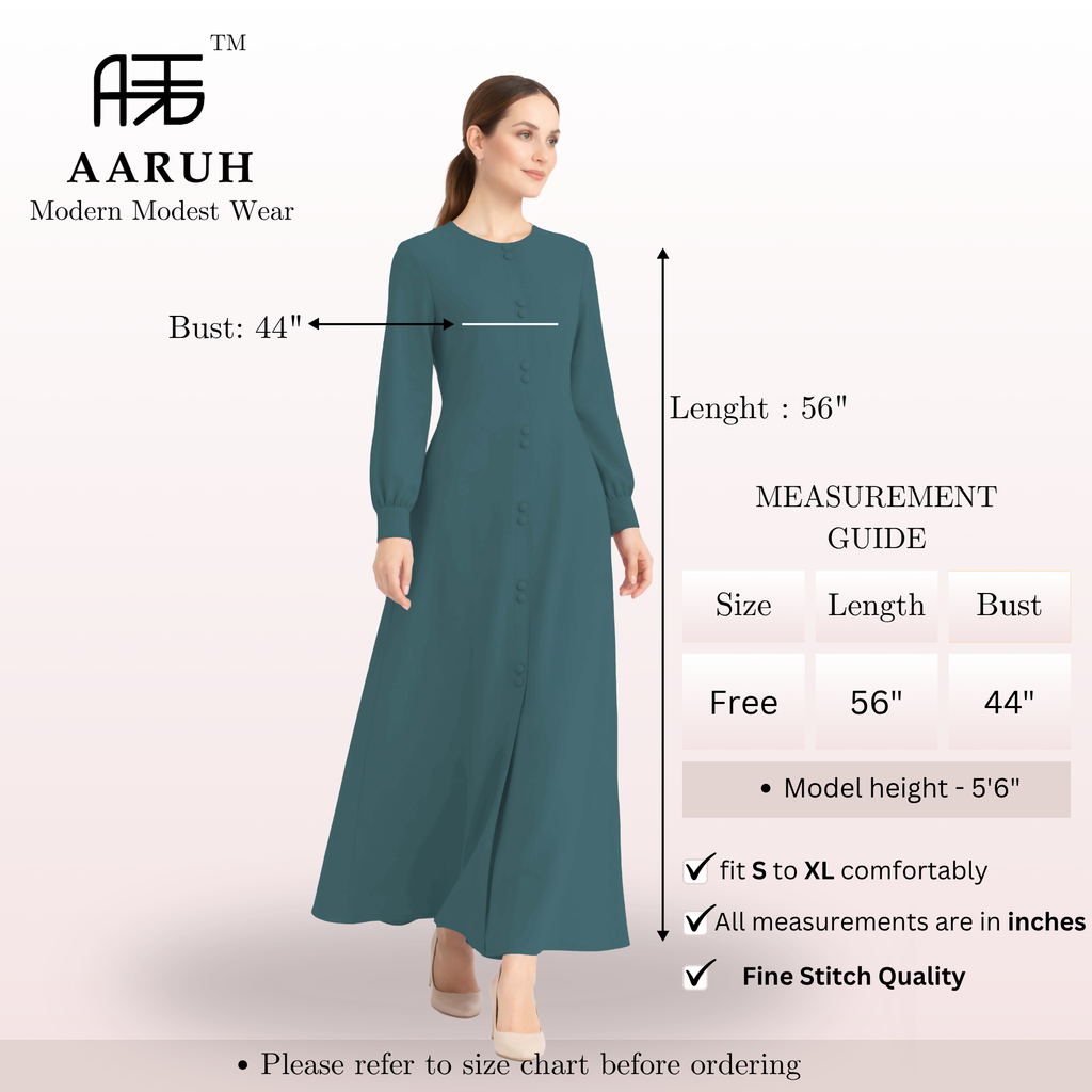 LINA TEAL – Premium Teal Button Front Abaya | Round Neck | Without Hijab | Free Size | AARUH