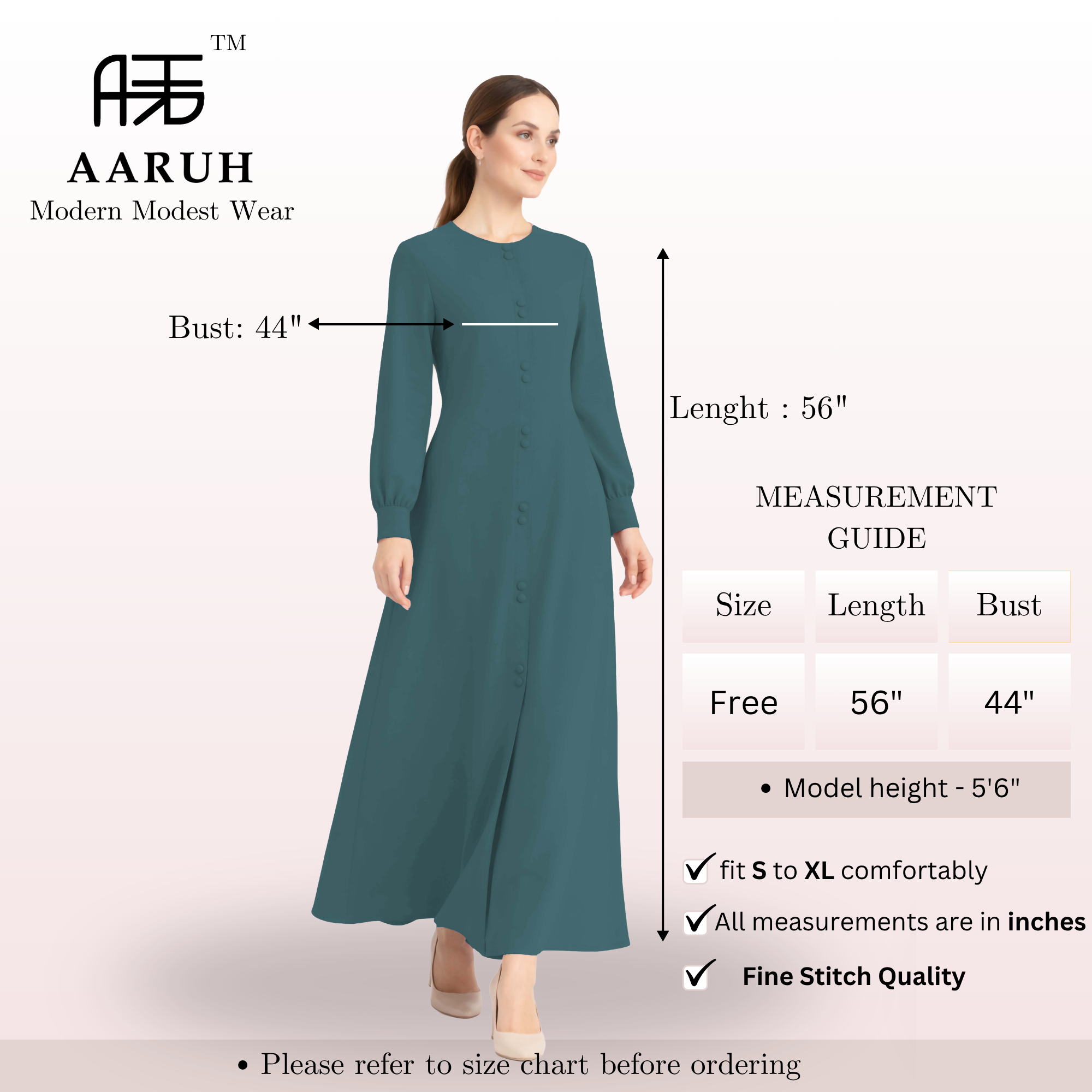 LINA TEAL – Premium Teal Button Front Abaya | Round Neck | Without Hijab | Free Size | AARUH