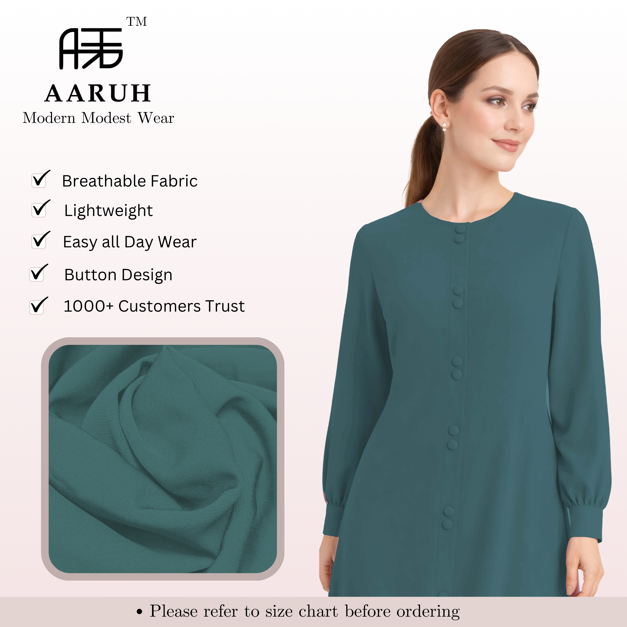 LINA TEAL – Premium Teal Button Front Abaya | Round Neck | Without Hijab | Free Size | AARUH