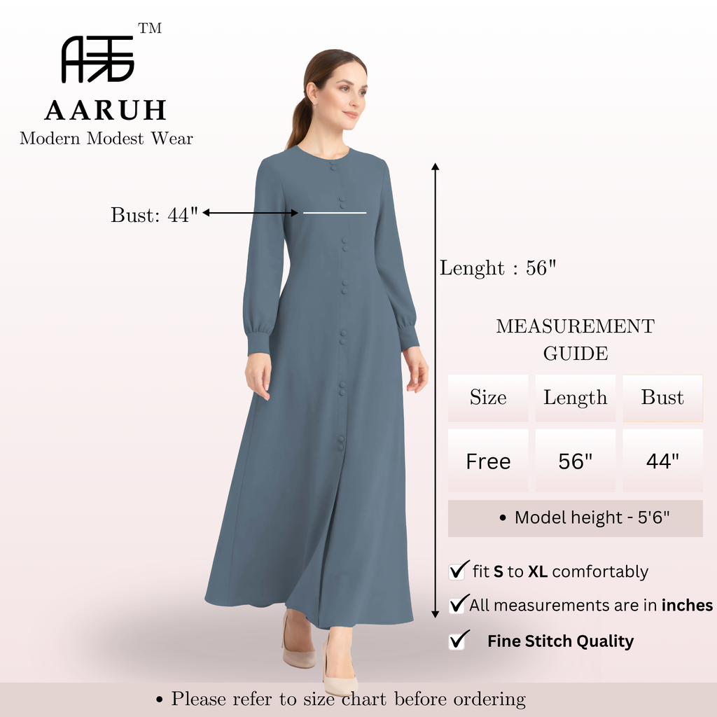 LINA BLUISH GREY – Premium Bluish Grey Button Front Abaya | Round Neck | Without Hijab | Free Size | AARUH