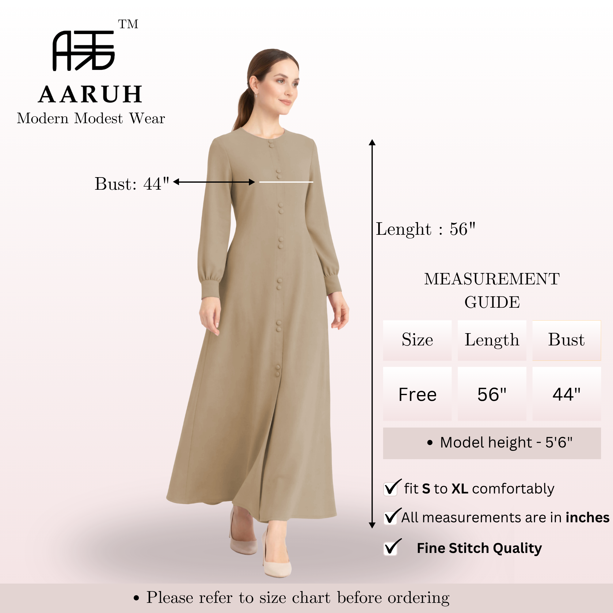 LINA BROWN – Premium Brown Button Front Abaya | Round Neck | Without Hijab | Free Size | AARUH