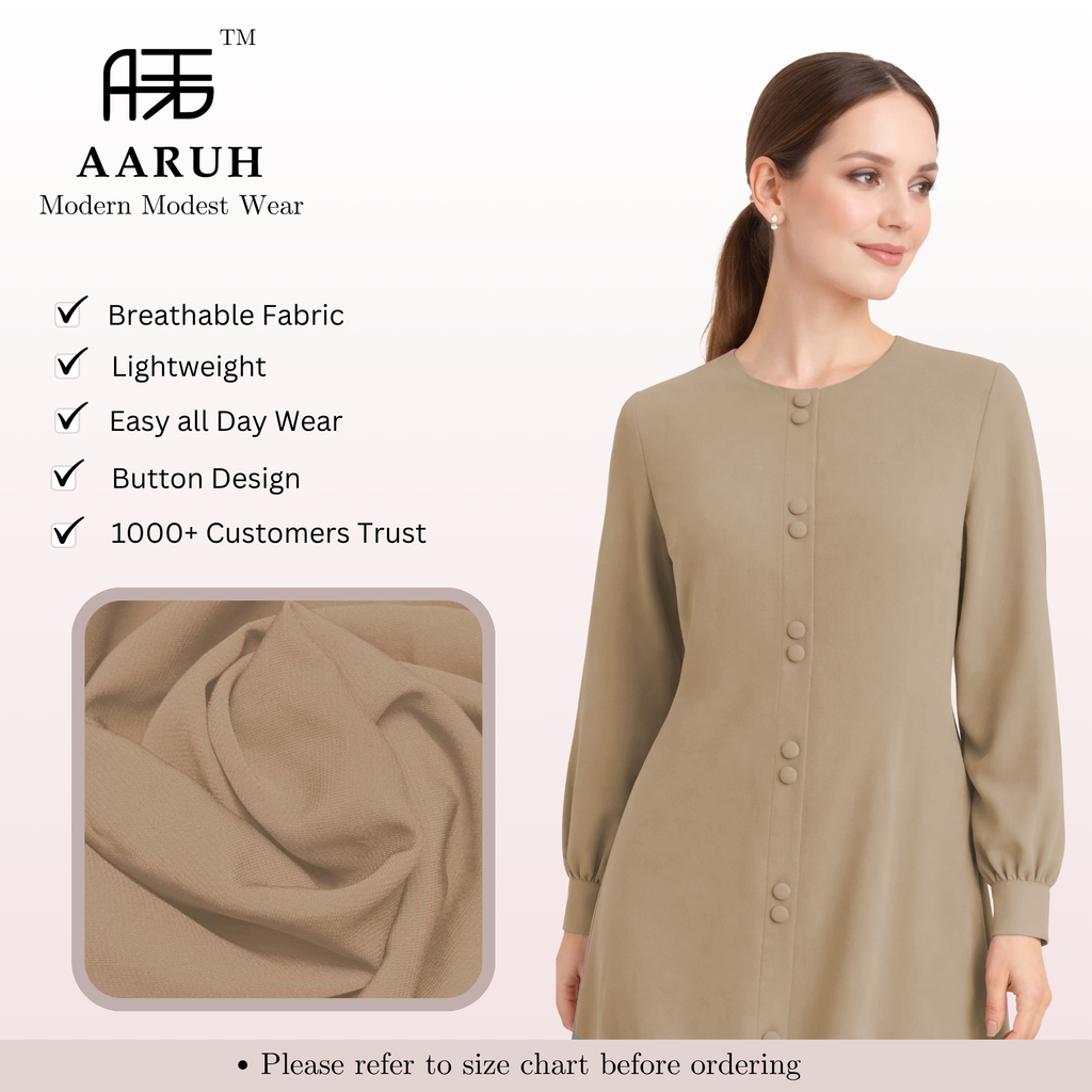 LINA BROWN – Premium Brown Button Front Abaya | Round Neck | Without Hijab | Free Size | AARUH