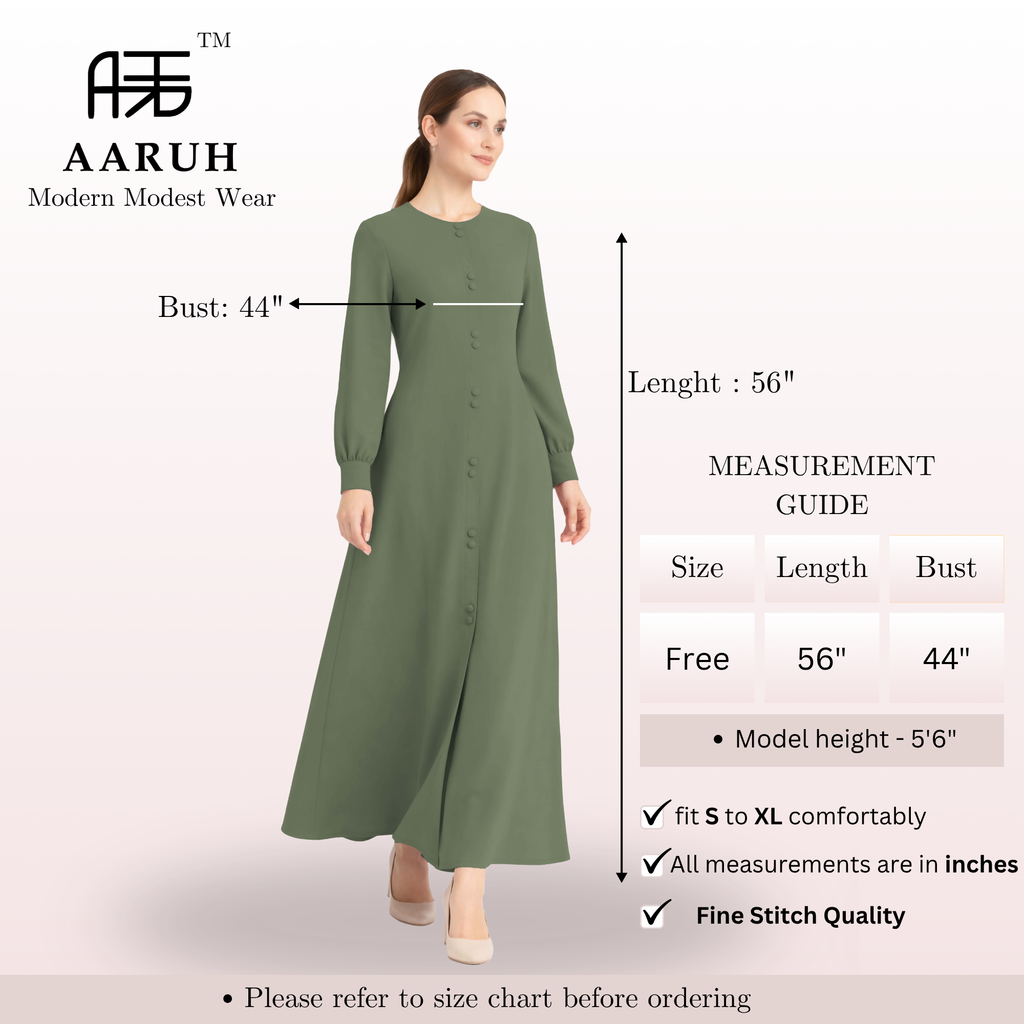 LINA GREEN – Premium Green Button Front Abaya | Round Neck | Without Hijab | Free Size | AARUH
