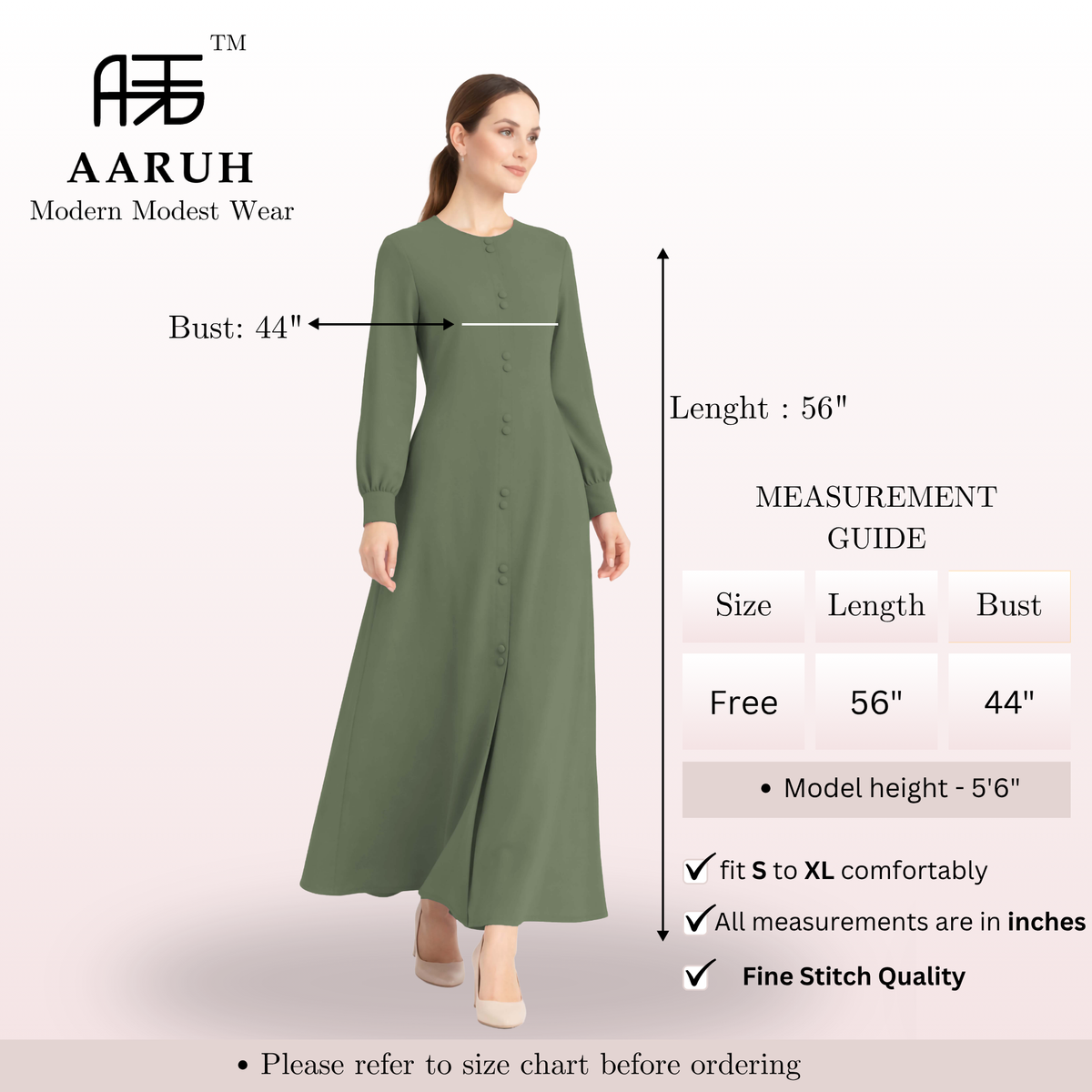 LINA GREEN – Premium Green Button Front Abaya | Round Neck | Without Hijab | Free Size | AARUH