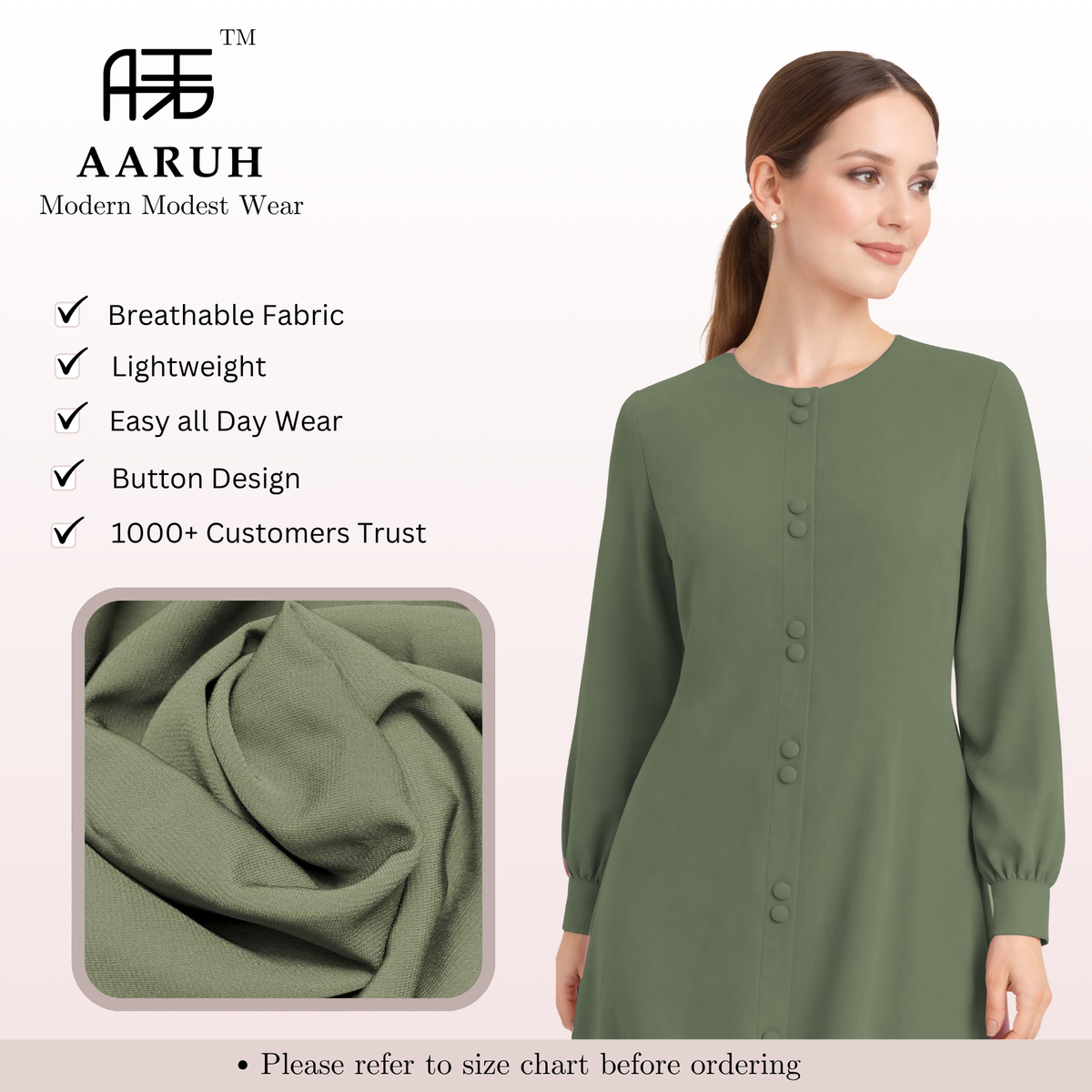 LINA GREEN – Premium Green Button Front Abaya | Round Neck | Without Hijab | Free Size | AARUH