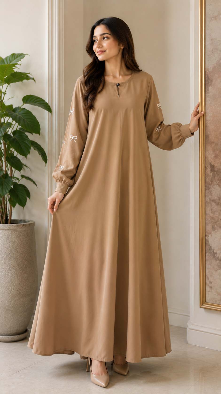 Elegant A-Line Maxi Dress with Bow Embroidered Sleeves