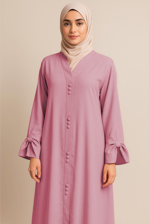 AARUH Baby Pink Button-Front Flared Abaya with V-Neck & Statement Sleeves