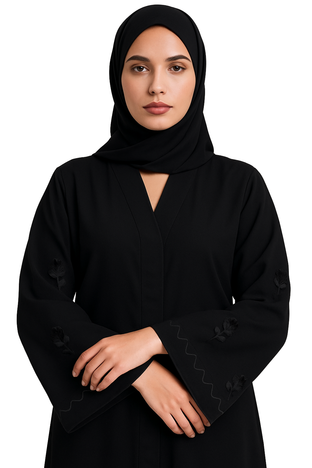 WAVES BLACK – Premium Black Embroidered Abaya with Matching Hijab | V Neck | Free Size | AARUH